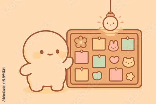 Cute Character with Bulletin Board and Light Bulb Illustration.