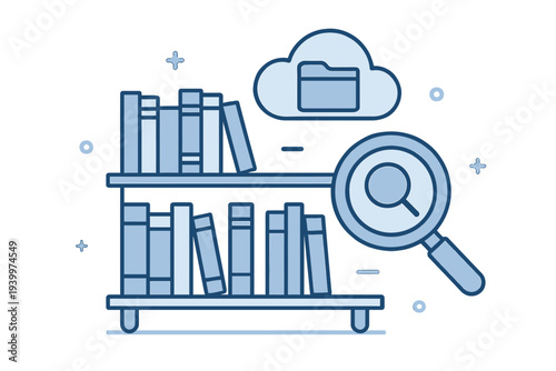 Digital Library Concept - Bookshelf, Cloud Storage, and Magnifying Glass Illustration.