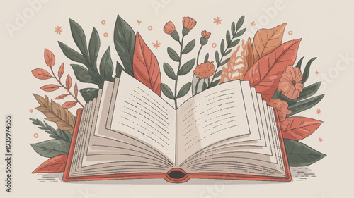 Cozy seasonal vector art of an open book surrounded by colorful autumn leaves on beige background with warm lighting