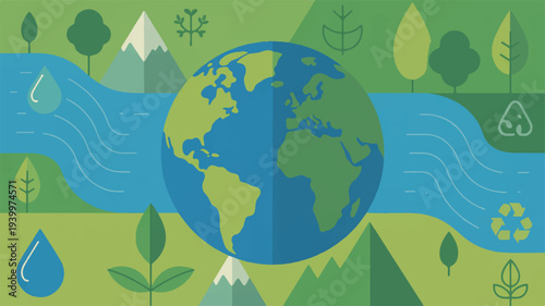 Earth globe surrounded by eco friendly symbols green landscape and blue water waves representing environmental conservation and sustainability
