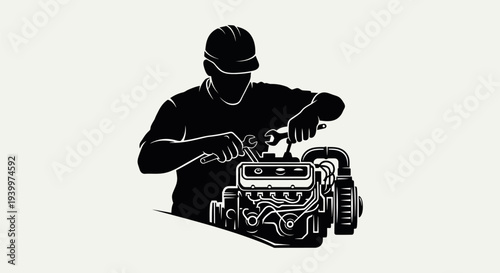 Mechanic repairing engine with wrench and socket