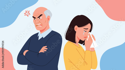 Angry elderly man with an aggressive expression faces a young woman who is crying and wiping her eyes with a tissue.