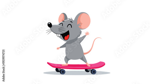 Cheerful grey mouse with big ears laughs heartily while performing a fun skateboarding trick on a bright pink board.