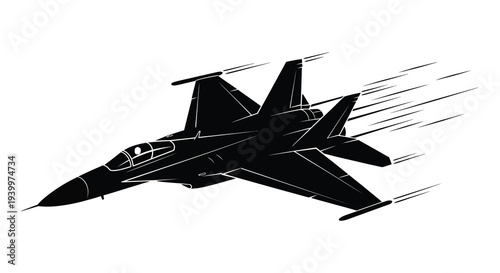 A dynamic black silhouette of a fighter jet in flight emphasizing speed and power silhouette