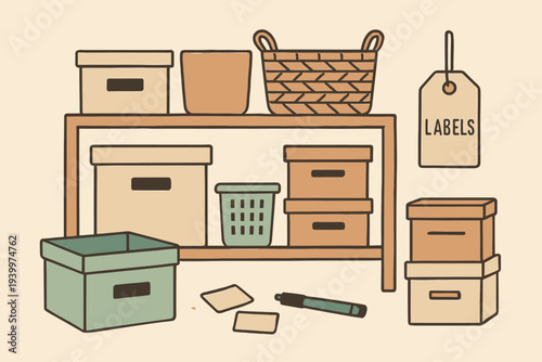 Organization and Storage - Boxes, Baskets, and Labels on Shelves.