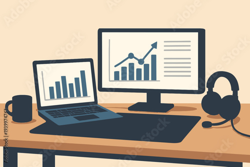 Productivity at Home - Laptop and Monitor Displaying Growth Charts.