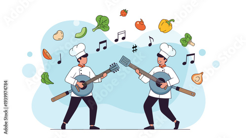 Two cheerful chefs in white uniforms play guitars made from frying pans and spatulas surrounded by flying vegetables.