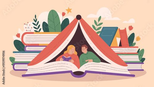 Children reading inside tent made from open book surrounded by stack of books and plants