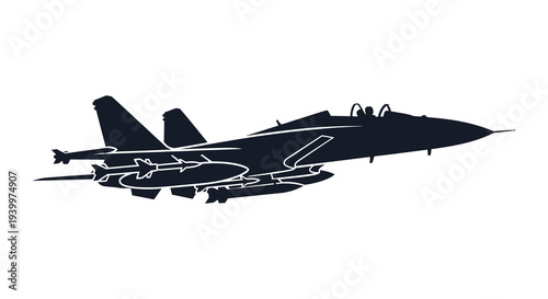 A striking black silhouette of a fighter jet in dynamic flight showcasing military power silhouette