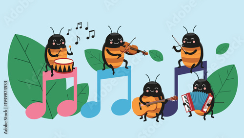 Talented beetle band plays the drums, violin, and accordion while sitting on giant colorful musical notes and green leaves.