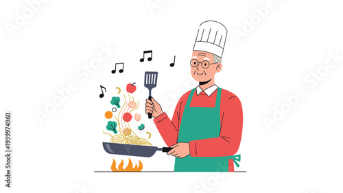 Experienced senior male chef in a green apron and tall white hat sings joyfully while tossing colorful vegetables in a pan.