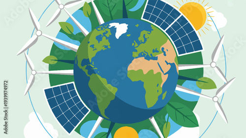 Vibrant illustration of earth surrounded by solar panels wind turbines and lush green leaves symbolizing renewable energy and sustainability