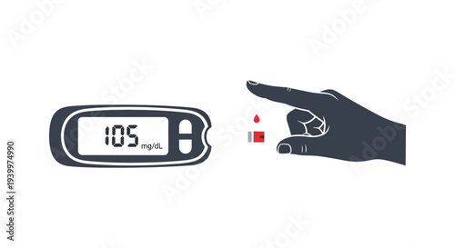 A hand pricking a finger with a glucometer displaying a blood sugar reading silhouette high quality