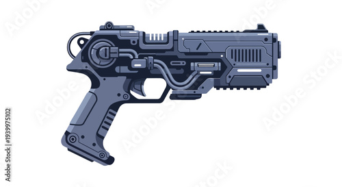 A futuristic detailed raygun illustration with mechanical components presented as a striking silhouette high quality professional