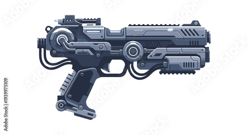 A futuristic detailed illustration of a sci fi blaster weapon presented as a silhouette high quality professional
