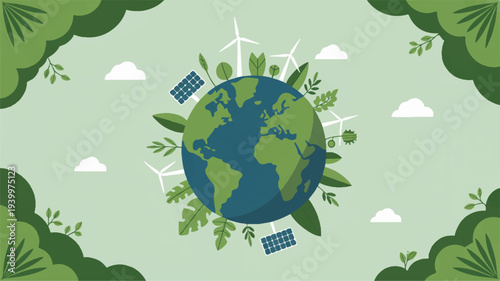 Earth surrounded by solar panels wind turbines and lush greenery on a light green background with clouds and foliage