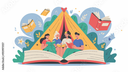 Whimsical illustration of family camping reading and outdoorsy fun in nature together happily
