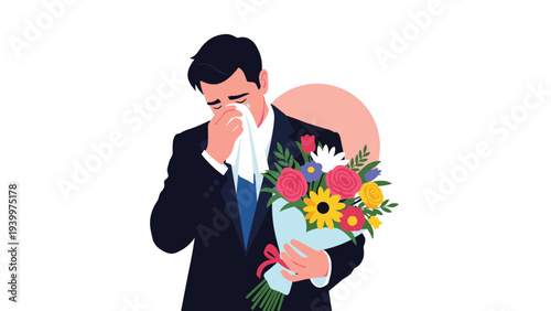 Distressed man in a suit crying into a tissue while holding a large bouquet of colorful flowers against a simple background.