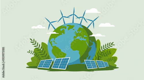 Sustainable earth with solar panels and wind turbines eco friendly concept illustration with green leaves and blue globe renewable energy