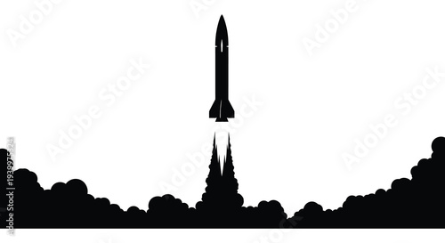 A stark black rocket launches upward against a white background creating a dramatic silhouette high quality