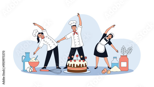 Three chefs in white uniforms performing stretching exercises in a kitchen setting surrounded by ingredients and a cake.