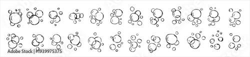 Water bubble. Sketch foam drawing. Aqua sparkle, doodle pure clean underwater gas. Set of Bath effect isolated on white. Outline air soap