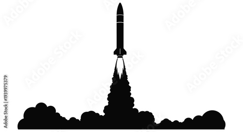 A striking black silhouette of a rocket launching with intense flames and smoke silhouette high quality