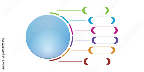 Modern Infographic Element Vector with Gradient Blue Circle and Six Colorful Horizontal Text Boxes for Business Presentation or Web Design