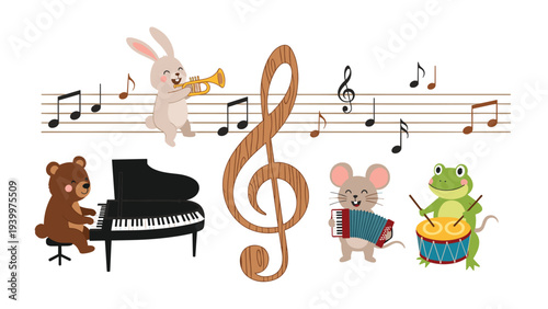 Group of adorable animals including a bear, rabbit, mouse, and frog playing musical instruments around a large treble clef.