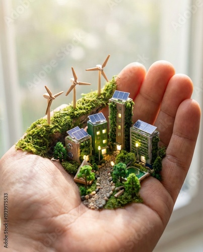 Miniature Eco-Friendly City with Wind Turbines in Palm - Sustainable Urban Development and Green Energy Concept, Environmental Protection