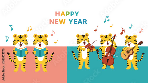 Festive tigers wearing blue books and playing instruments like violin, cello, and guitar to celebrate the Happy New Year.