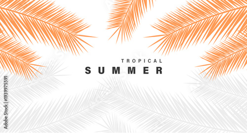 Vibrant tropical summer background with orange and gray palm leaves framing a clean white space, featuring bold Tropical Summer text. Ideal for seasonal promotions and holiday designs.