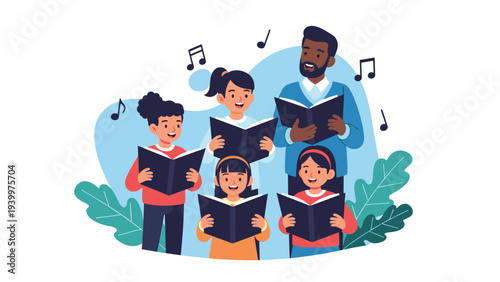 Group of diverse children and one adult male singer holding books and performing together in a vocal ensemble or choir.