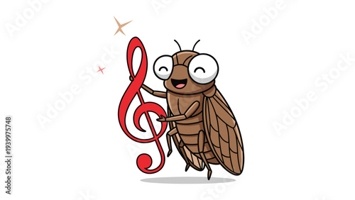 Cheerful brown cicada with big eyes standing next to and holding a large red treble clef musical note symbol.
