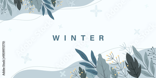 Stylish winterthemed background with blue and grey botanical elements, decorative snowflakes, and the word WINTER in a clean, modern font. Perfect for seasonal greetings or web design.