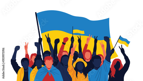 Large group of people standing together in a demonstration and waving the blue and yellow national flags of Ukraine.