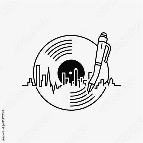 Vinyl record disk with city skyline silhouette and pen needle representing urban music production and songwriting ideas
