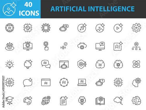 set of artificial intelligence icons, technology, ai generator