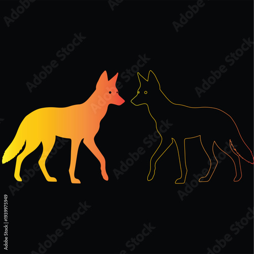 Two mysterious jackals in a glowing gradient encounter one fiery orange red silhouette, the other sleek golden yellow outline facing each other on pure black background.