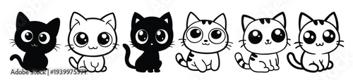 Adorable Cartoon Cats Collection Black and White Outline Style, Cute Kittens with Big Eyes, Isolated on White Background