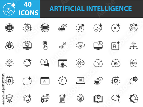 set of artificial intelligence icons, technology, ai generator