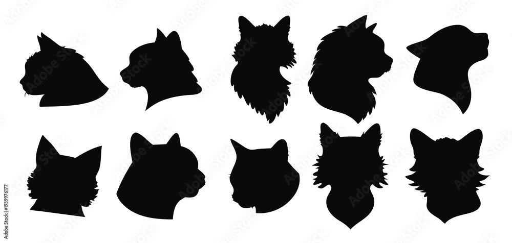 Obraz premium cat head silhouettes set isolated flat illustration on white