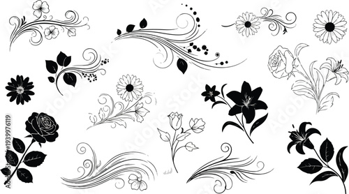 Elegant collection of vector floral and swirl design elements, perfect for sophisticated graphic projects, enhancing invitations, branding, and decorative accents
