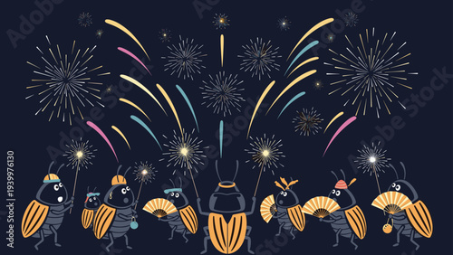 Group of beetles holding fans and sparklers while watching a colorful firework display in the dark night sky.