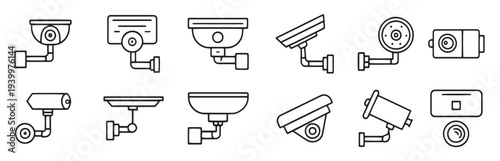 cctv camera concept related black stroke outline icons set 
