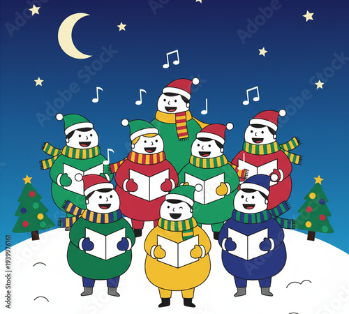 Group of cartoon snowmen singing Christmas carols together at night under a crescent moon surrounded by festive trees.