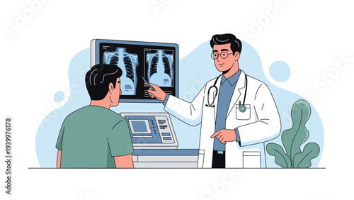 Male doctor in a white coat pointing at lung X-rays on a monitor while discussing medical results with a seated patient.