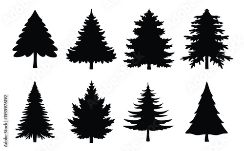 bundle of minimalist pine tree silhouettes set isolated flat