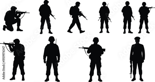 Detailed black vector silhouettes set of modern military soldiers in various combat poses standing walking and kneeling with rifles isolated on white background