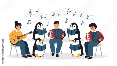 Small musical ensemble consisting of penguins and humans playing instruments like guitar and accordion while singing together.
